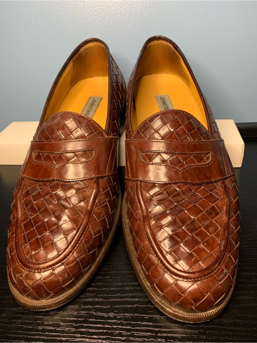 Johnston & Murphy Men's Chocolate Brown Woven Leather Penny Loafers